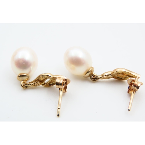 174 - Pair of Pearl and Diamond Set Ladies Drop Earrings Each 2cm High Mounted in 9 Carat Yellow Gold