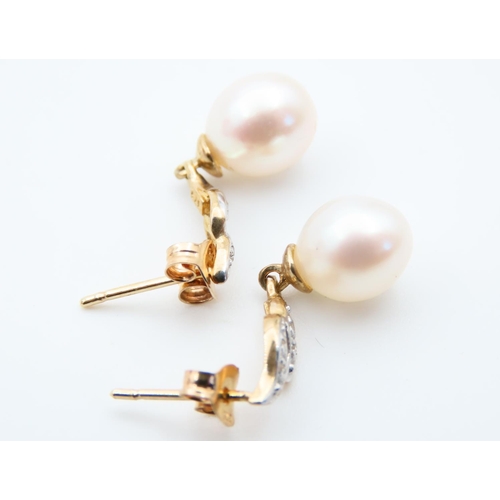 174 - Pair of Pearl and Diamond Set Ladies Drop Earrings Each 2cm High Mounted in 9 Carat Yellow Gold