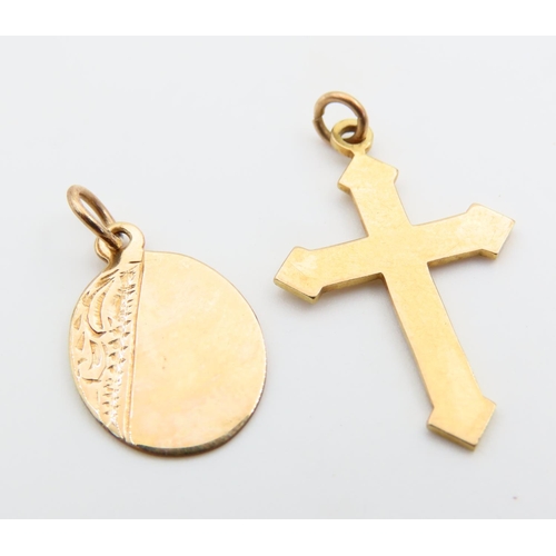 Two 9 Carat Yellow Gold Necklace Pendants One Crucifix Example Each 2.5cm High and 2cm High