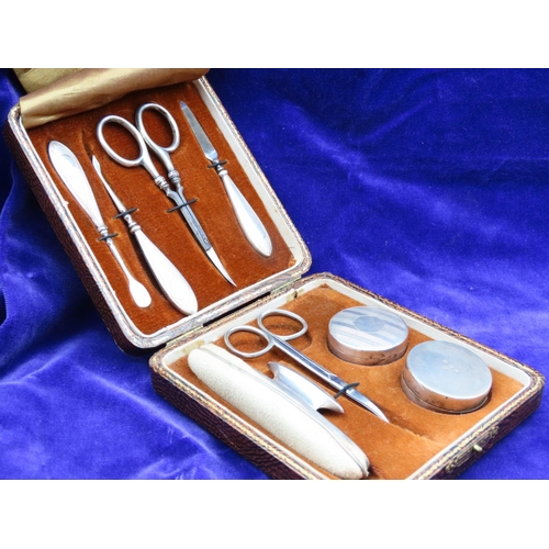 Silver Manicure Set Four Piece Contained within Leather Clad Presentation Box