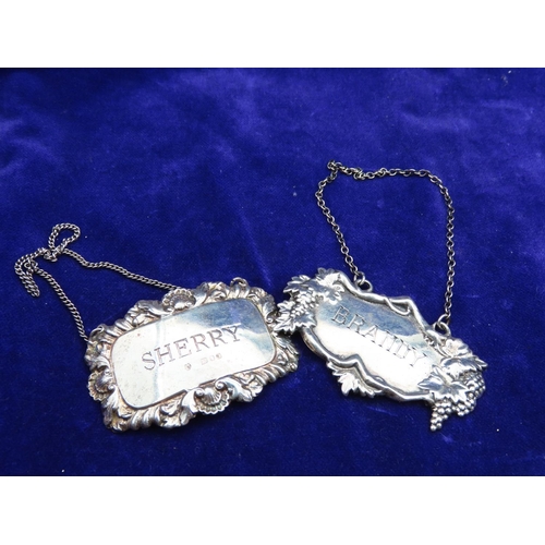 Pair of Silver Decanter Labels Sherry and Brandy with Original Silver Chains Each 6cm Wide