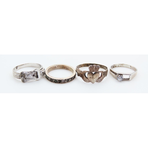 57 - Four Silver Rings Including Claddagh and Eternity Examples Sizes V, P, N and M