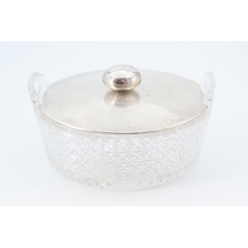 716 - Silver Cover Pail Pattern Butterdish Hobnail Cut Crystal Base Circular Form Approximately 10cm Diame... 