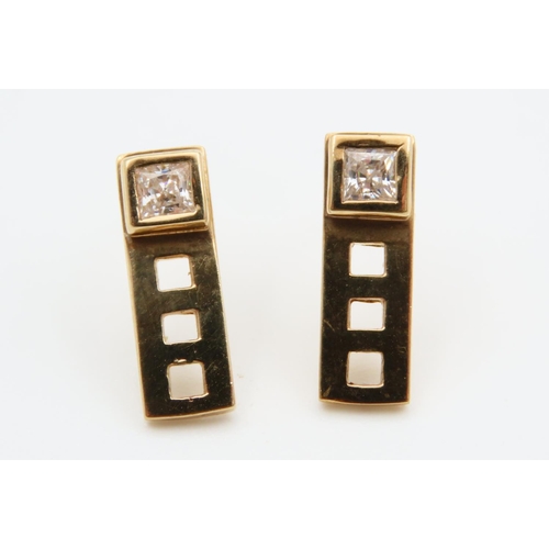 721 - Pair of 9 Carat Gold Diamond Set Earrings of Modernist Form Each 1.5cm High