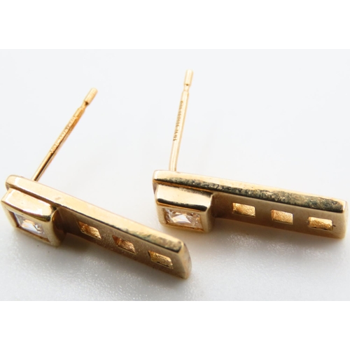 721 - Pair of 9 Carat Gold Diamond Set Earrings of Modernist Form Each 1.5cm High