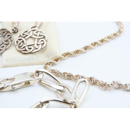 729 - Pair of Silver Celtic Motif Earrings Circular Form and Two Silver Link Chain Necklaces