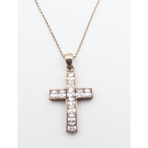 76 - Gemset Silver Crucifix Pendant Necklace Attractively Detailed Chain 44cm Long Cross 5cm High