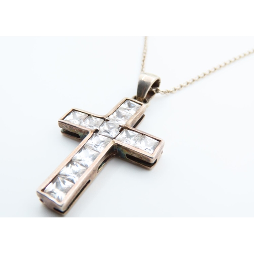 76 - Gemset Silver Crucifix Pendant Necklace Attractively Detailed Chain 44cm Long Cross 5cm High