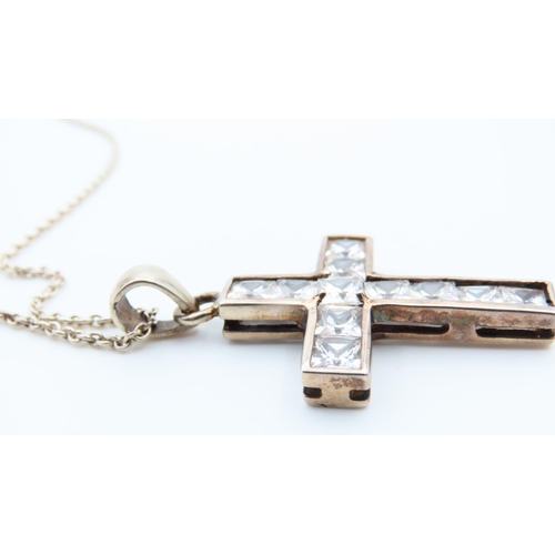 76 - Gemset Silver Crucifix Pendant Necklace Attractively Detailed Chain 44cm Long Cross 5cm High