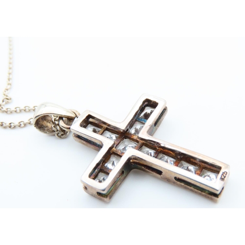 76 - Gemset Silver Crucifix Pendant Necklace Attractively Detailed Chain 44cm Long Cross 5cm High