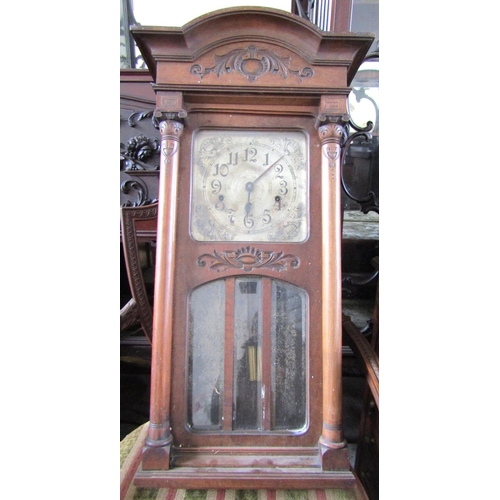 Antique Regulator Wall Clock Mahogany Cased Side Column Decoration Approximately 26 Inches High