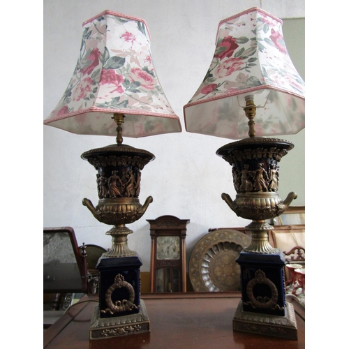 Pair of Ormolu Mounted Urn Form Fired Blue Earthenware Table Lamps Each Approximately 34 Inches High with Shaped Form Shades Electrified Working Order