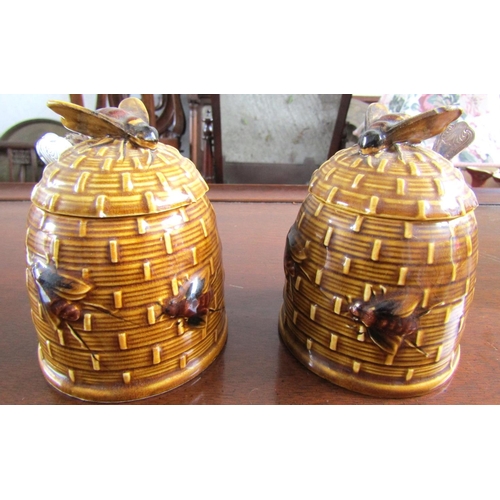 886 - Pair of Honey Pots with Spoons Bee Motif Decorated Covers Each Approximately 5 Inches High