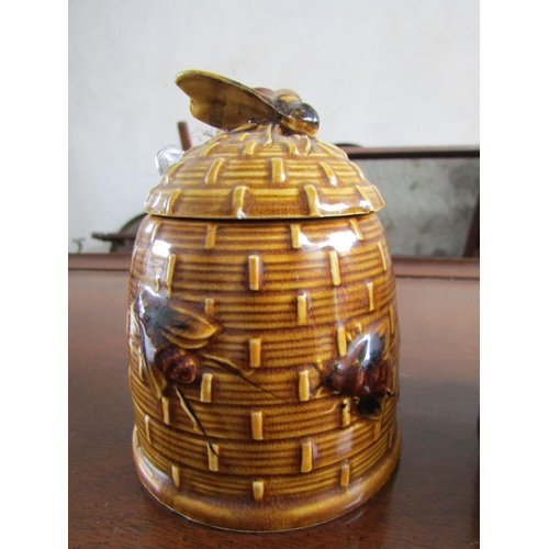 886 - Pair of Honey Pots with Spoons Bee Motif Decorated Covers Each Approximately 5 Inches High