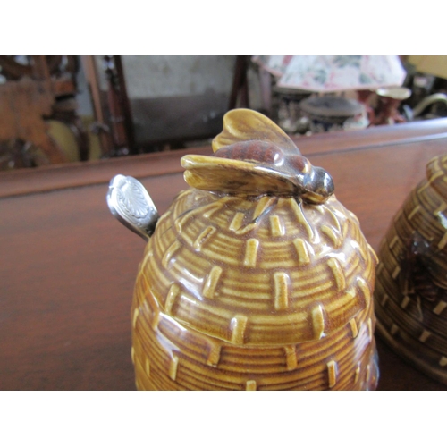 886 - Pair of Honey Pots with Spoons Bee Motif Decorated Covers Each Approximately 5 Inches High