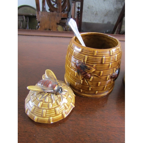 886 - Pair of Honey Pots with Spoons Bee Motif Decorated Covers Each Approximately 5 Inches High