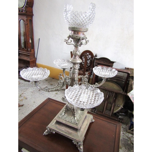 887 - Victorian Silver Plated Table Centrepiece of Imposing Size with Hobnail Cut Crystal Stands Attractiv... 