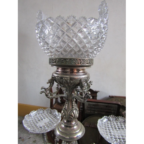 887 - Victorian Silver Plated Table Centrepiece of Imposing Size with Hobnail Cut Crystal Stands Attractiv... 