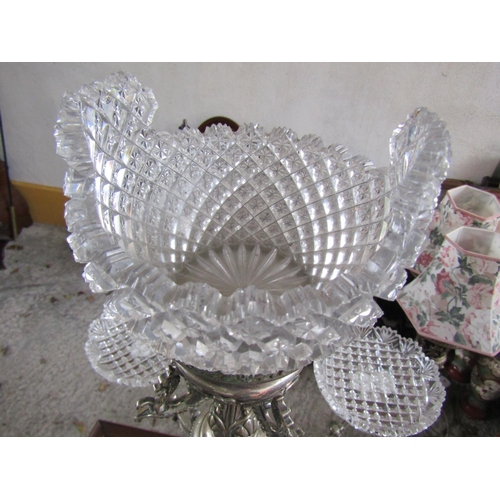 887 - Victorian Silver Plated Table Centrepiece of Imposing Size with Hobnail Cut Crystal Stands Attractiv... 