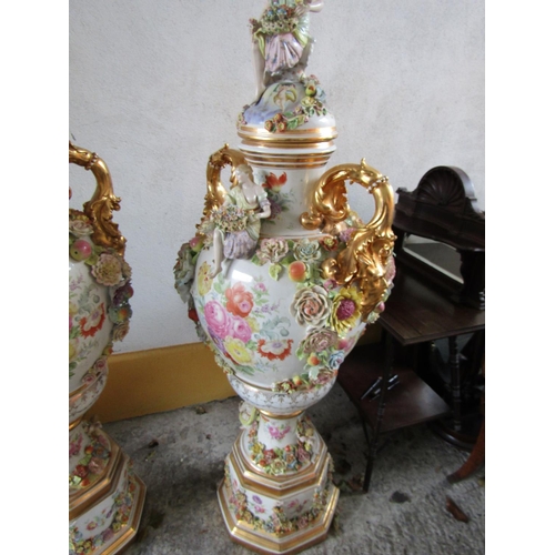 895 - Imposing Pair of Continental Porcelain Urns on Stands with Original and Upper Figural Decorated Cove... 