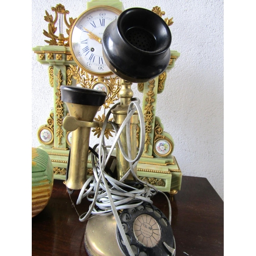 898 - Early Upright Table Telephone Brass Mounted Working Order with Modern Wiring Approximately 14 Inches... 