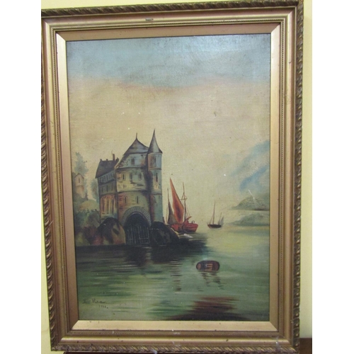 910 - Edwardian School Castle Scene with Mountain Beyond Oil on Canvas Contained within Original Gilded Fr... 