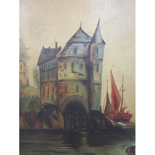 910 - Edwardian School Castle Scene with Mountain Beyond Oil on Canvas Contained within Original Gilded Fr... 