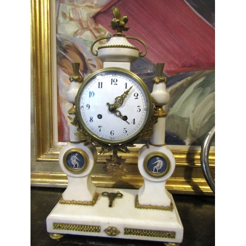 1581 - Antique Marble Clock with Inset Plaques Pedelum and Key Present 12 Inches High Approximately