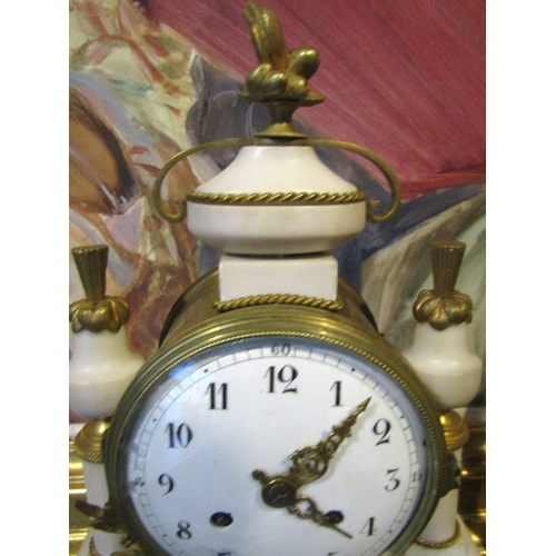 1581 - Antique Marble Clock with Inset Plaques Pedelum and Key Present 12 Inches High Approximately