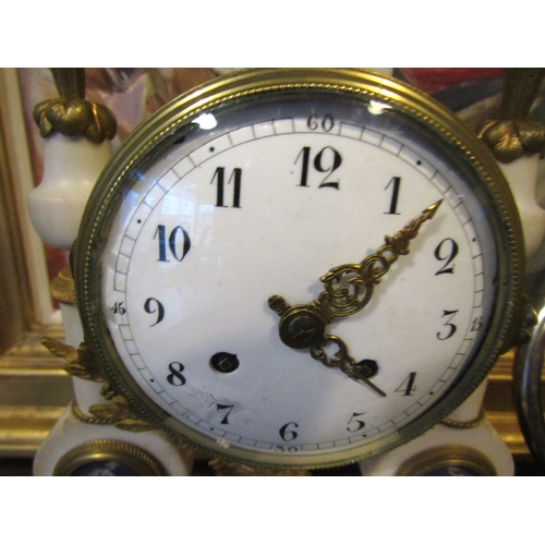 1581 - Antique Marble Clock with Inset Plaques Pedelum and Key Present 12 Inches High Approximately