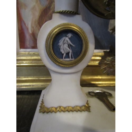 1581 - Antique Marble Clock with Inset Plaques Pedelum and Key Present 12 Inches High Approximately