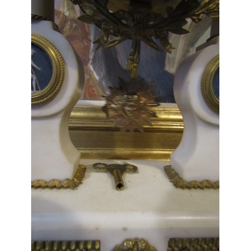 1581 - Antique Marble Clock with Inset Plaques Pedelum and Key Present 12 Inches High Approximately