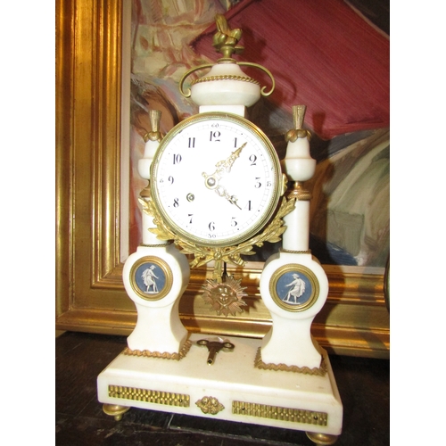 1581 - Antique Marble Clock with Inset Plaques Pedelum and Key Present 12 Inches High Approximately