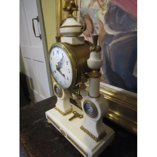 1581 - Antique Marble Clock with Inset Plaques Pedelum and Key Present 12 Inches High Approximately