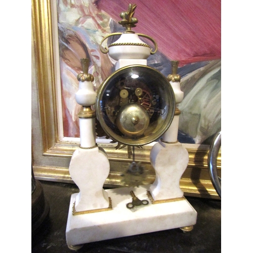 1581 - Antique Marble Clock with Inset Plaques Pedelum and Key Present 12 Inches High Approximately