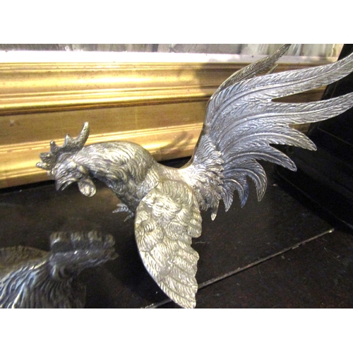 1582 - Pair of Antique Silver Plated Cock Fighting Figuresd Each Approximately 5 Inches Wide