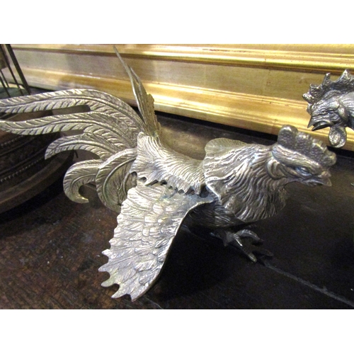 1582 - Pair of Antique Silver Plated Cock Fighting Figuresd Each Approximately 5 Inches Wide