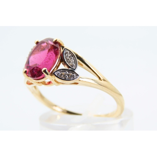 103 - Pink Tourmaline and Diamond 9 Carat Yellow Gold Ring Size N and a Half