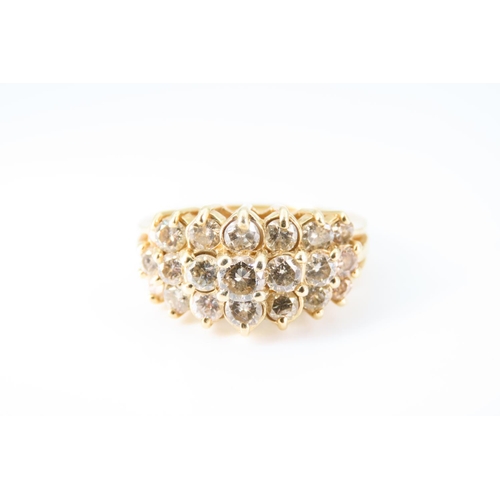 111 - 14 Carat Yellow Gold Diamond Three Row Ring Size M