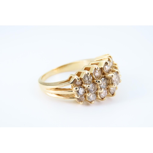 111 - 14 Carat Yellow Gold Diamond Three Row Ring Size M