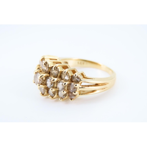 111 - 14 Carat Yellow Gold Diamond Three Row Ring Size M