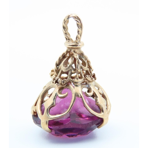 112 - Amethyst Facet Cut 9 Carat Yellow Gold Mounted Fob Pierced Decoration Attractively Detailed 3cm Drop