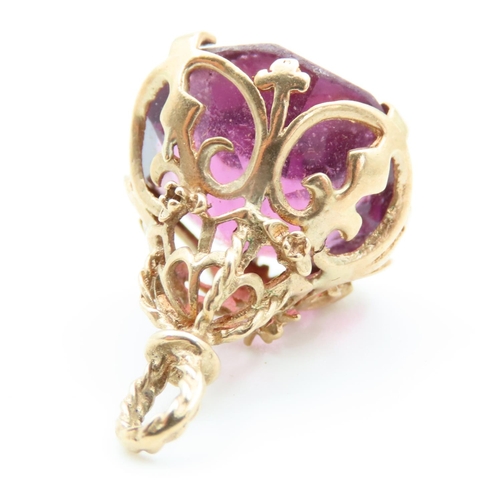 112 - Amethyst Facet Cut 9 Carat Yellow Gold Mounted Fob Pierced Decoration Attractively Detailed 3cm Drop