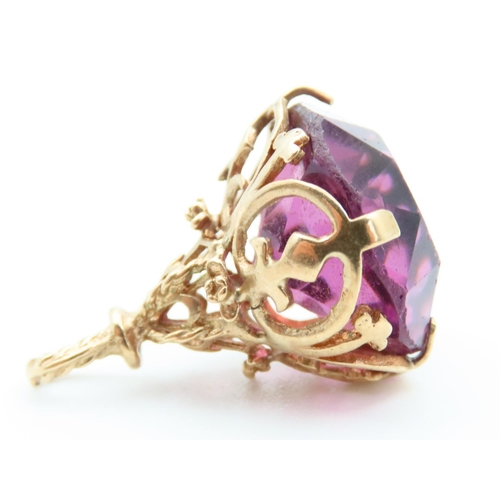 112 - Amethyst Facet Cut 9 Carat Yellow Gold Mounted Fob Pierced Decoration Attractively Detailed 3cm Drop