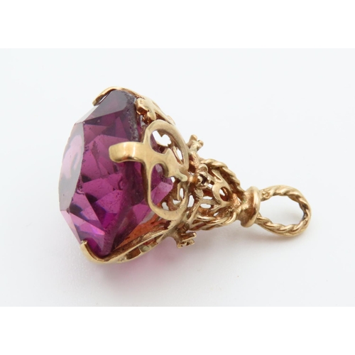 112 - Amethyst Facet Cut 9 Carat Yellow Gold Mounted Fob Pierced Decoration Attractively Detailed 3cm Drop