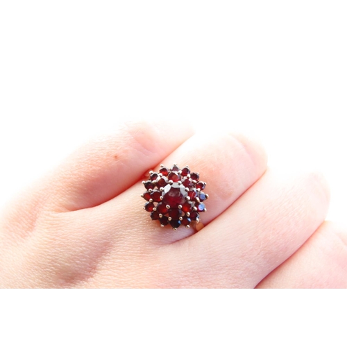 115 - Red Garnet Cluster Ring Starburst Form Mounted on 9 Carat Yellow Gold Band Ring Size O and a Half