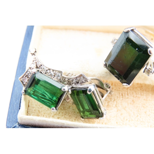 12 - Green Tourmaline and Diamond Set 18 Carat White Gold Ring Size S with Pair of Earrings