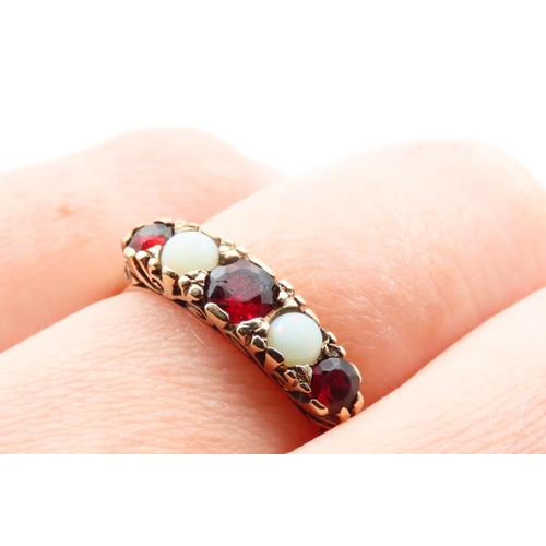 120 - Opal and Ruby Ladies Ring Mounted on 18 Carat Yellow Gold Band Ring Size P