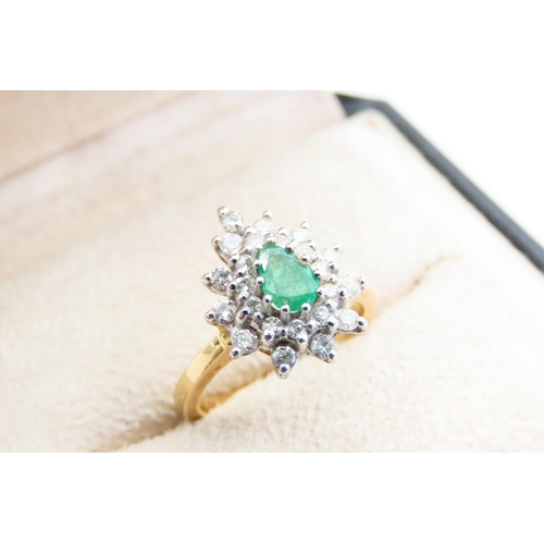13 - Emerald and Diamond Cluster Ring Mounted on 18 Carat Yellow Gold Band Size K and a Half