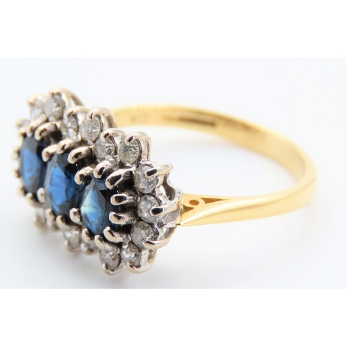 14 - Sapphire and Diamond Three Stone Cluster Ring Mounted on 18 Carat Yellow Gold Band Size M